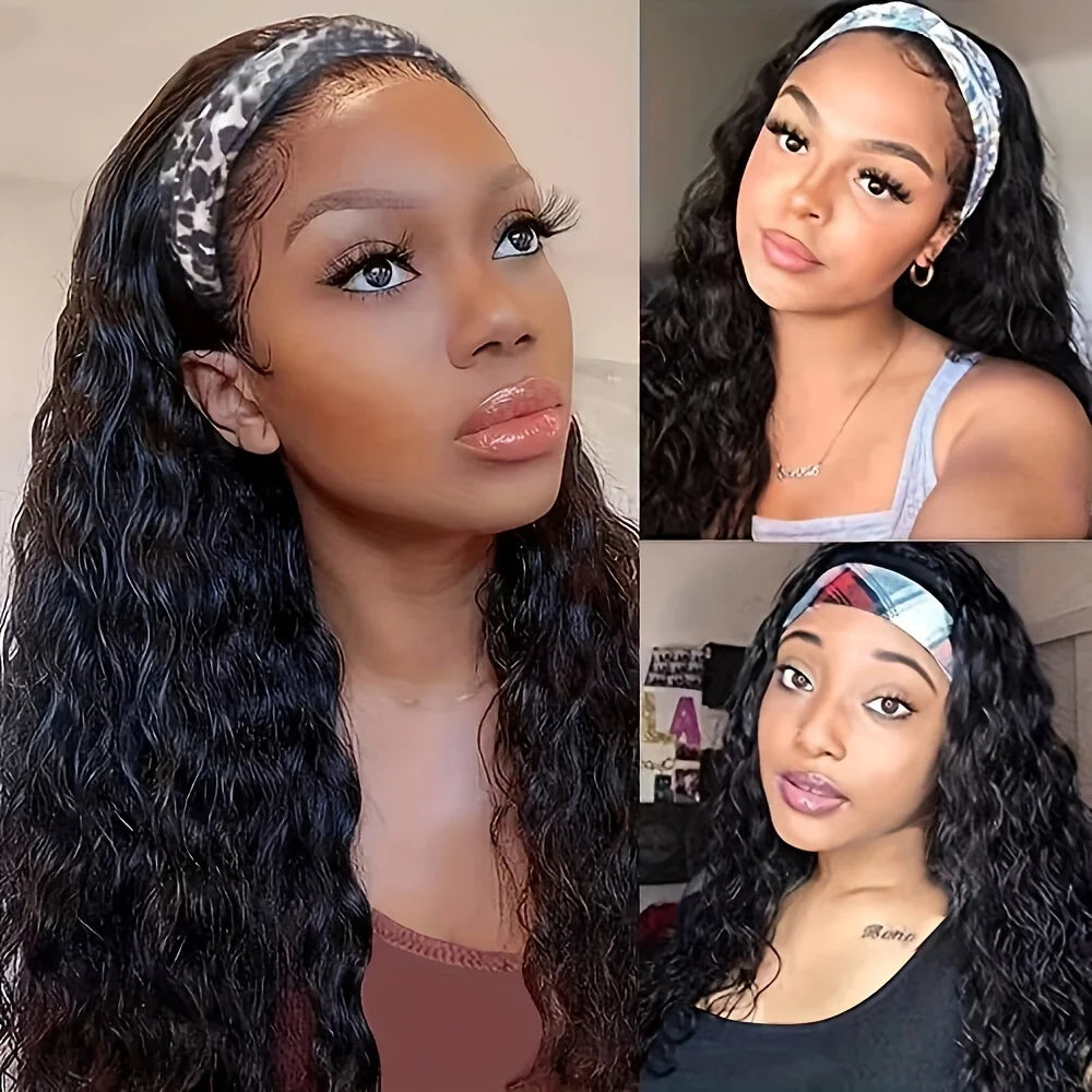 Headband Wig Human Hair Deep Wave Curly Headband Wig None Lace Front Wigs Human Hair Glueless Curly Headband Half Wigs For Women