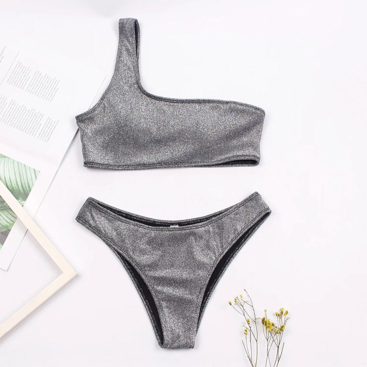 Women Sexy Bikini Set Biquini Ladies One Shoulder Blingbling Swimsuit Female Two Piece Glitter Solid Color SwimwearW2023