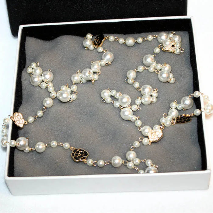 layered pearls beads flower long pendant sweater necklace for women