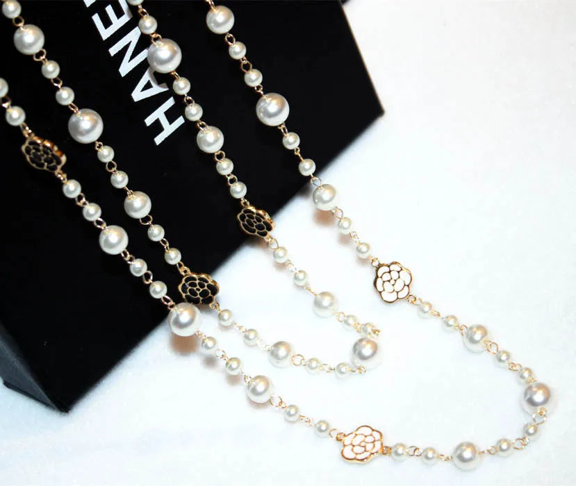 layered pearls beads flower long pendant sweater necklace for women