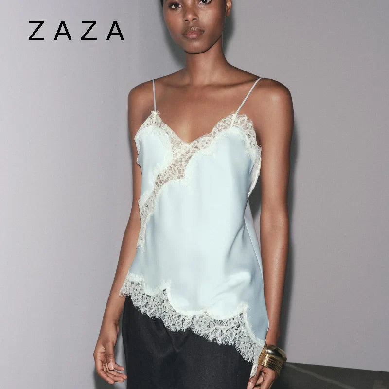 Summer Women Halter Top Satin Lace Spliced Tank Backless Deep Neck Sexy Vest Irregular Hem Vestidos 2025 Lady Vacation Sexy Tops