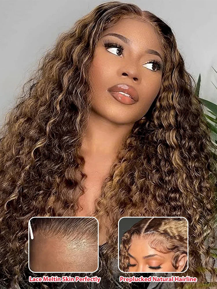 4/27 Curly Wigs 13x4 Highlight Deep Wave Wig Human Hair Ombre Honey Blonde Brown Colored Brazilian Water Wave Human Hair Wig