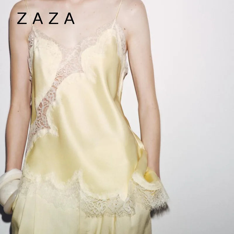 Summer Women Halter Top Satin Lace Spliced Tank Backless Deep Neck Sexy Vest Irregular Hem Vestidos 2025 Lady Vacation Sexy Tops