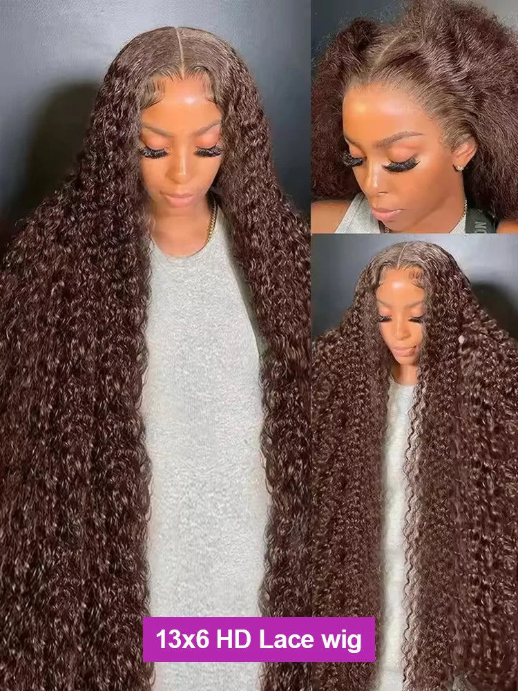 40 Inch Chocolate Brown Curly Lace Front Wig Human Hair 13x6 Deep Wave HD Lace Frontal Wig PrePlucked Glueless Wig 250% Density