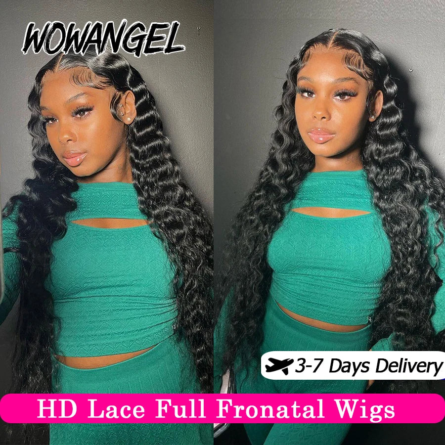 Wow Angel 34inch Human Hair Lace Frontal Wig Deep Wave 13x6 HD Lace Full Frontal Curly Wigs Melts Skins 250% Natural Pre Plucked