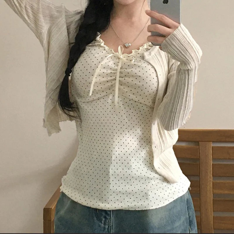 Tank Tops for Women New Summer 2025 Bow Black Sexy V Neck Cotton Sleeveless Cropped Vests Vintage Sweet Ruffles Slim Crop Top