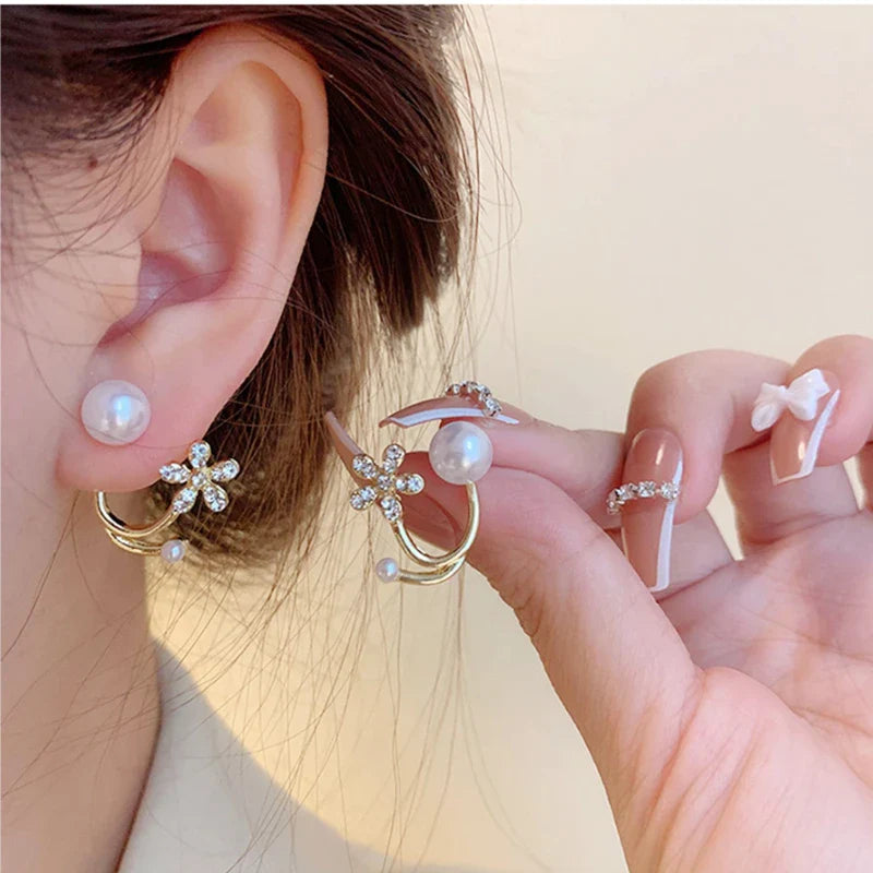 Luxury Crystal Flower Drop Dangle Earrings for Women Fashion Statement Wedding Ear Jewelry Accessory Pearl Party Wholesale