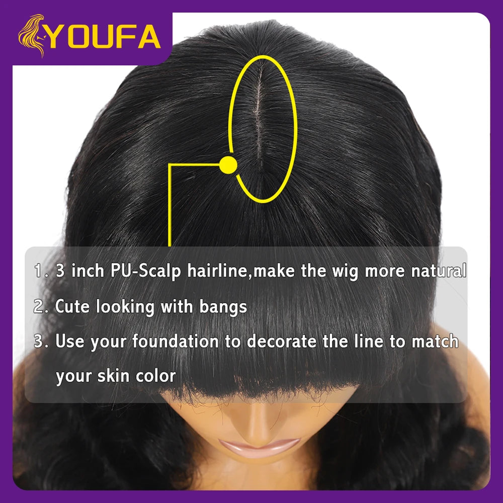 Scalp Deep Wave Human Hair Wigs 3 Inch Scalp Hairline Realistic Look Human Hair Bang Wigs 250 Density Loose Deep Wig With Bangs