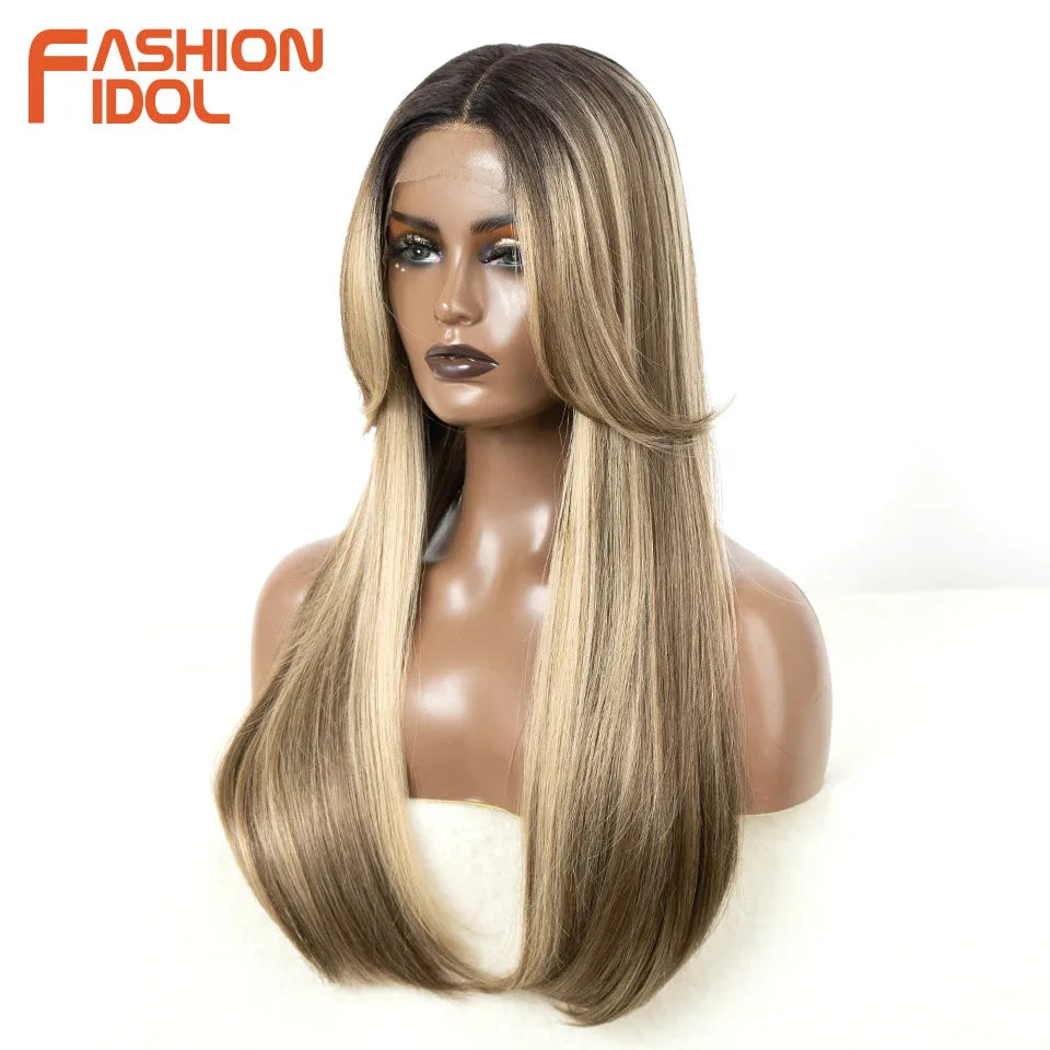 FASHION IDOL Cosplay Wig Synthetic With Bangs Lace Front Wigs For Women Ombre Brown 24 Inch Highlight Glueless Straight Lace Wig