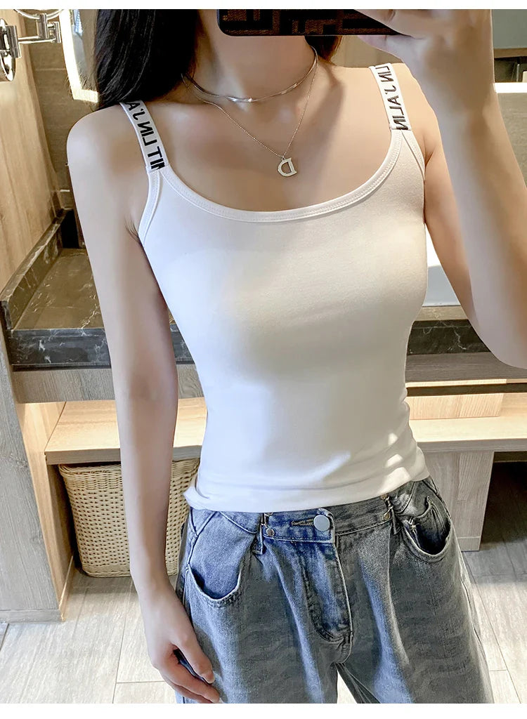 Cotton Camisole Bottom Shirt Tank Top Women Inner White Short Slim Outerwear Tops Sporty Bottom Letter Shoulder Strap