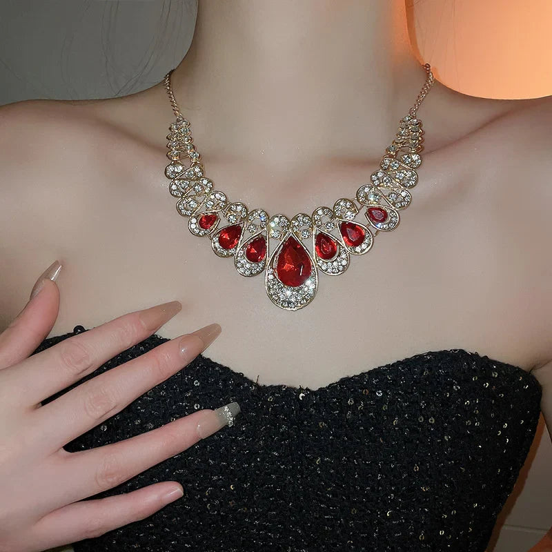 Luxury Necklace Earrings For Women Red Water Drop Crystal Earrings Weddings Banquet Jewelry Sets