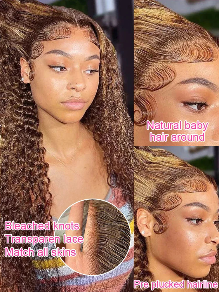4/27 Curly Wigs 13x4 Highlight Deep Wave Wig Human Hair Ombre Honey Blonde Brown Colored Brazilian Water Wave Human Hair Wig