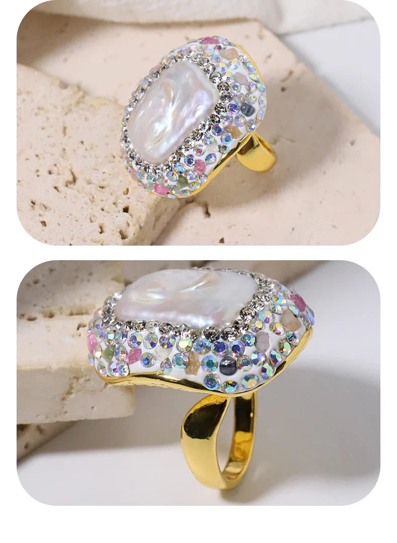 Baroque Pearl Inlaid Tourmaline Ring for Women Personalized Fashion Elegant Luxury Simple Ladies Banquet Exquisite JewelryGR0409