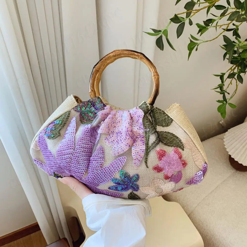 Handbags For Women Bamboo Handle Sequin Design Elegant Banquet Clutch Floral Linen Bag Women's Wrist Bags Lady Mini Purse Wallet
