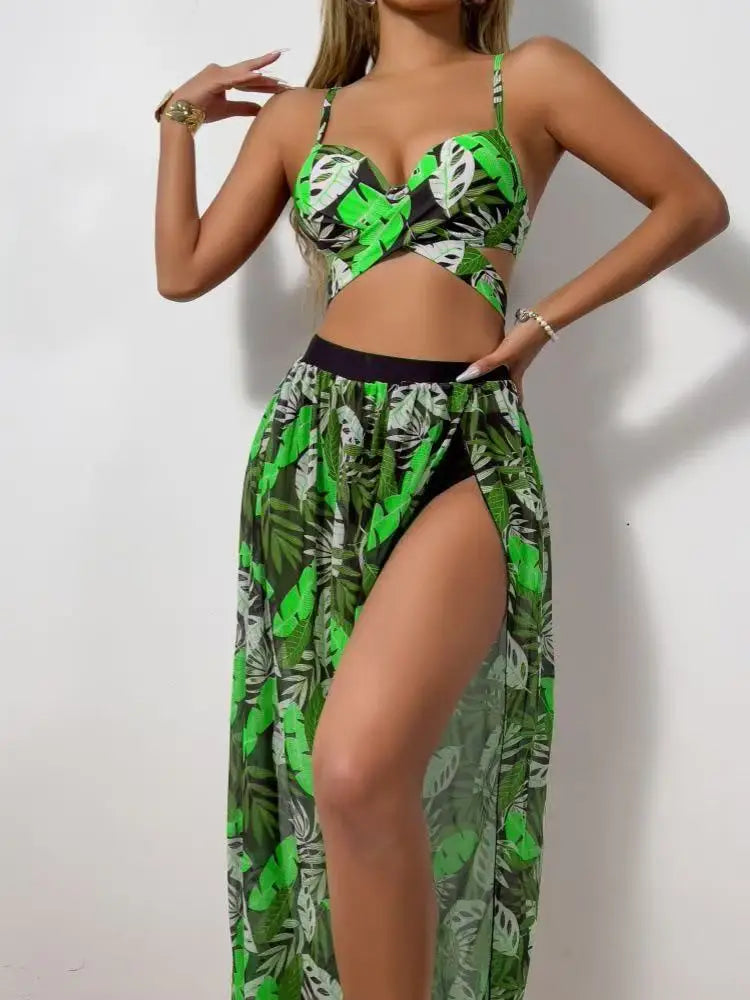 2025 New Sexy 3 Piece Bikini Set Black Push Up Bikini with Leaf Print, Low Waist Bottoms & Skirt Women's Swimsuit