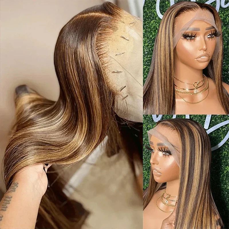 Highlight Wig Human Hair Bone Straight Blond Ombre 13x4 HD Lace Wig Colored Human Hair Frontal Wig Brazilian Wigs 200 Density