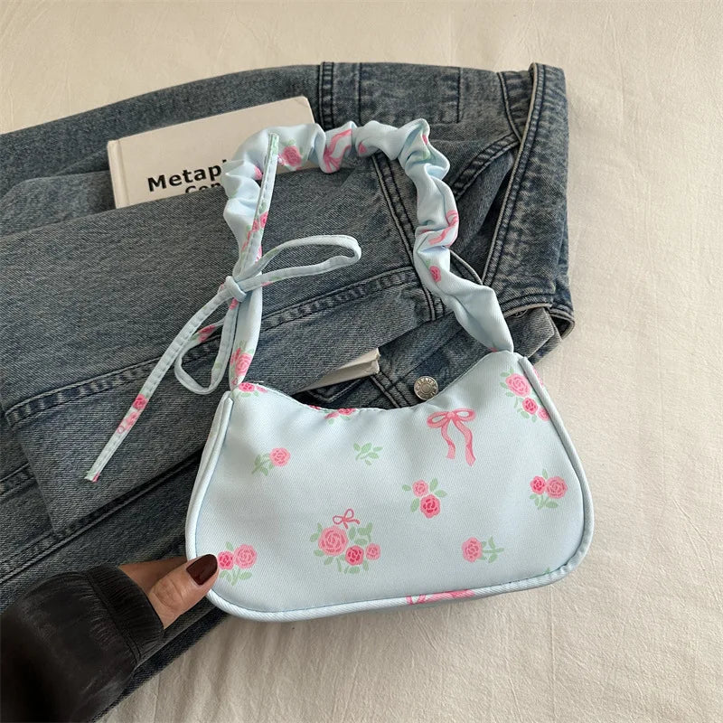 Gentle and Sweet Flower Canvas Bag for Women 2025 New Drawstring Shoulder Bag High Beauty Broken Flower Bow