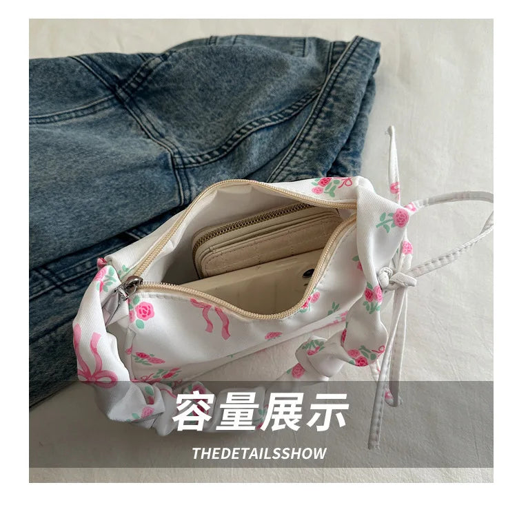 Gentle and Sweet Flower Canvas Bag for Women 2025 New Drawstring Shoulder Bag High Beauty Broken Flower Bow