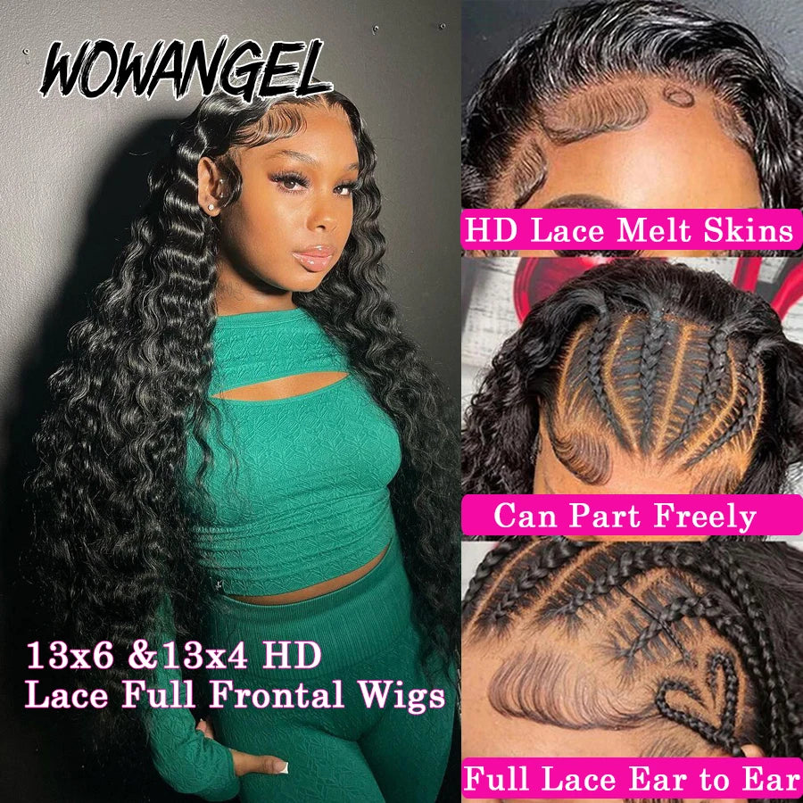 Wow Angel 34inch Human Hair Lace Frontal Wig Deep Wave 13x6 HD Lace Full Frontal Curly Wigs Melts Skins 250% Natural Pre Plucked