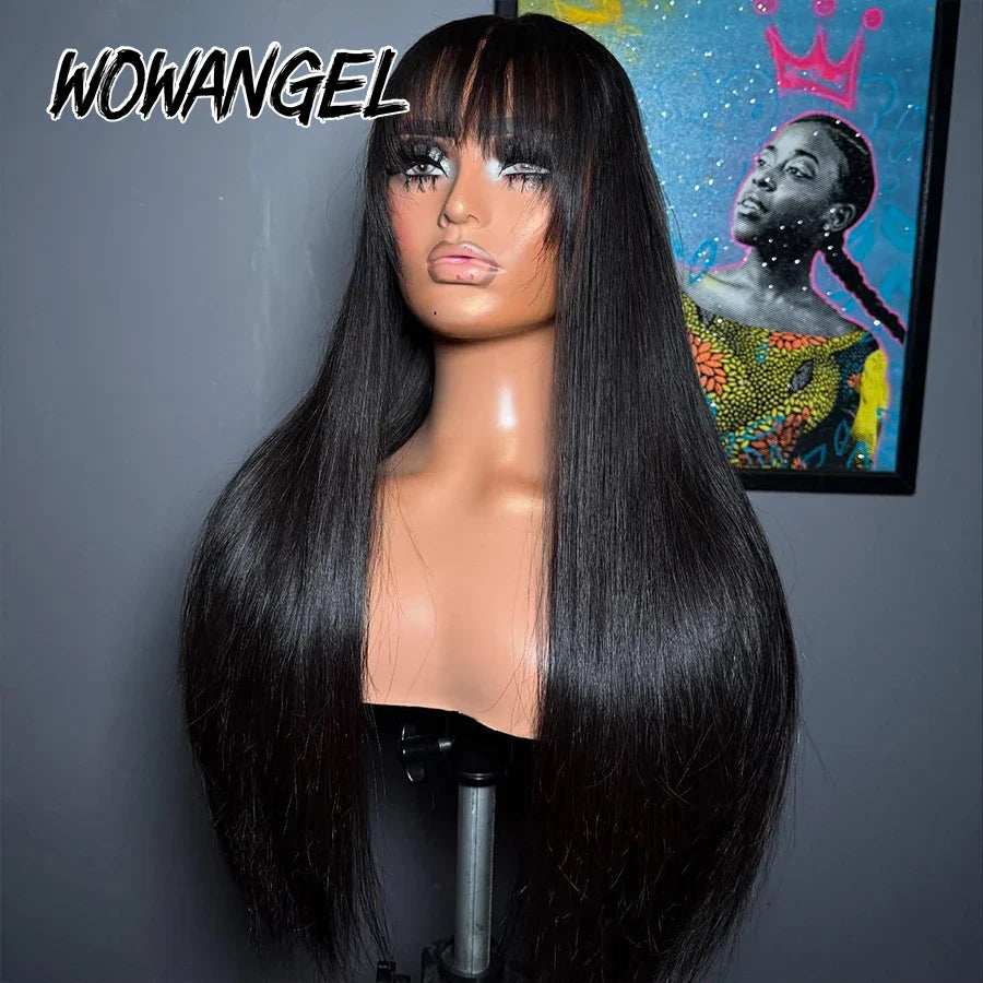 WOWANGEL Bone Straight Wig With Bangs 13x6 HD Lace Front Human Hair Wig Brazilian Vrigin Skinlike HD Lace Frontal Wigs For Women