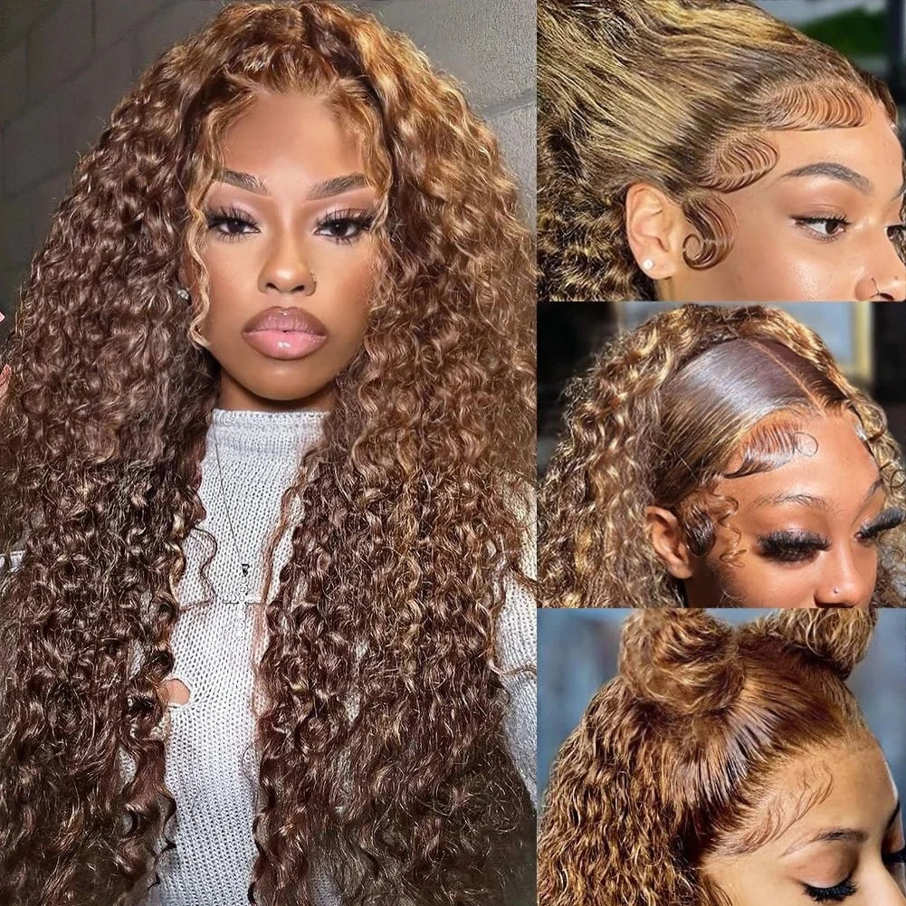 4/27 Curly Wigs 13x4 Highlight Deep Wave Wig Human Hair Ombre Honey Blonde Brown Colored Brazilian Water Wave Human Hair Wig