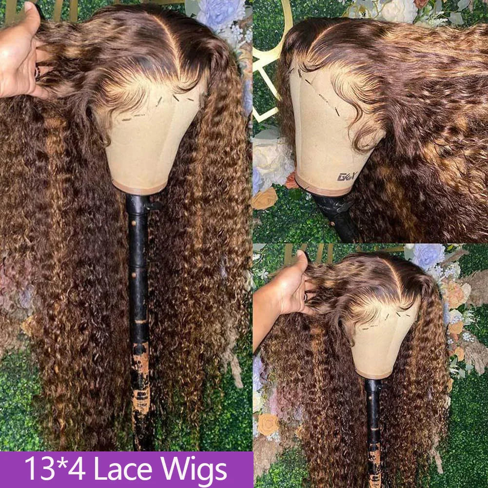 4/27 Curly Wigs 13x4 Highlight Deep Wave Wig Human Hair Ombre Honey Blonde Brown Colored Brazilian Water Wave Human Hair Wig