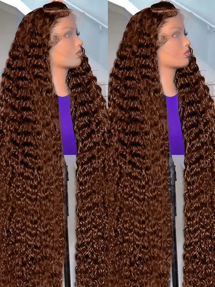 40 Inch Chocolate Brown Curly Lace Front Wig Human Hair 13x6 Deep Wave HD Lace Frontal Wig PrePlucked Glueless Wig 250% Density