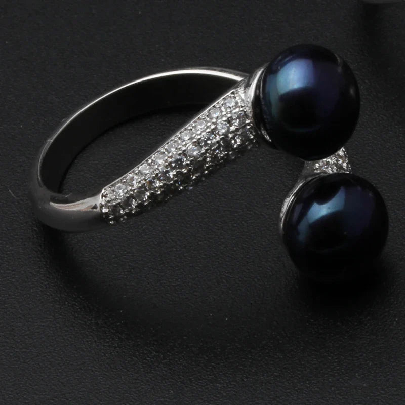 Beautiful Natural Double Pearl Rings For Women,Wedding 925 Silver Pearl Ring Adjustable Wife Mother Birthday Gift White Black
