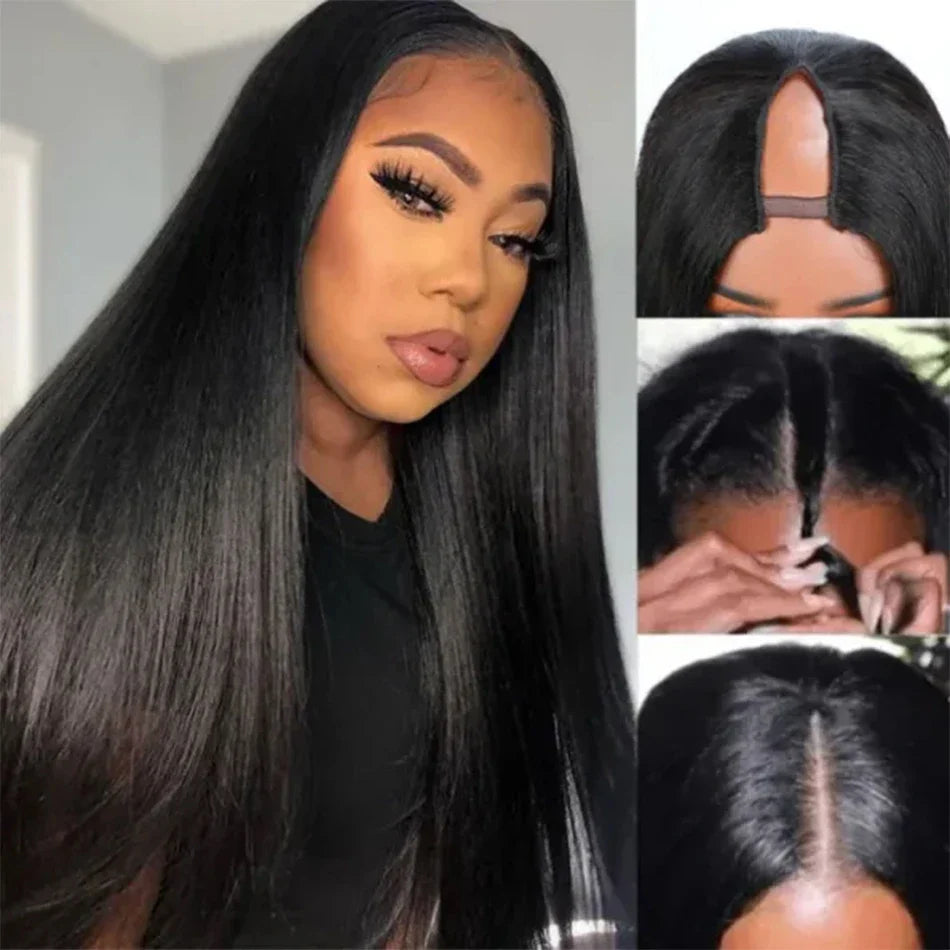 Straight U Part Wig Human Hair No Leave Out No Glue Brazilian Glueless Bone Straight Human Hair Wigs for Women 180% Density