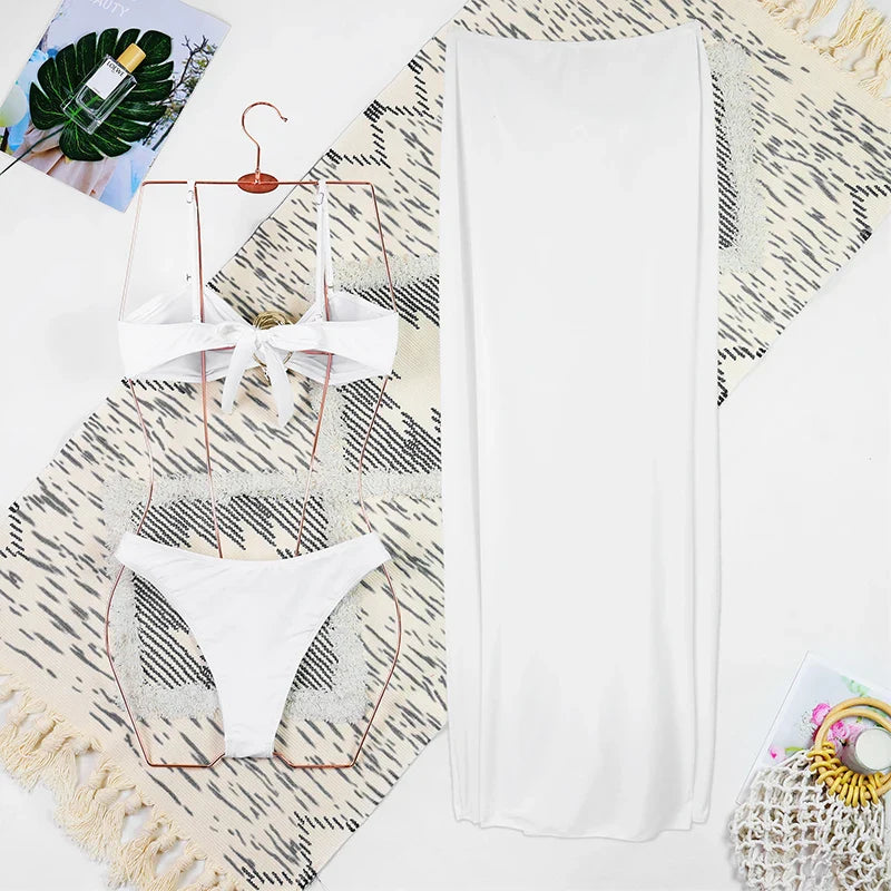 3 Piece Bikini Sets Spaghetti Strap Swimsuits 2025 Women Sexy High Split Beachwear Long Skirt Bathing Suit Summer Vacation Wear
