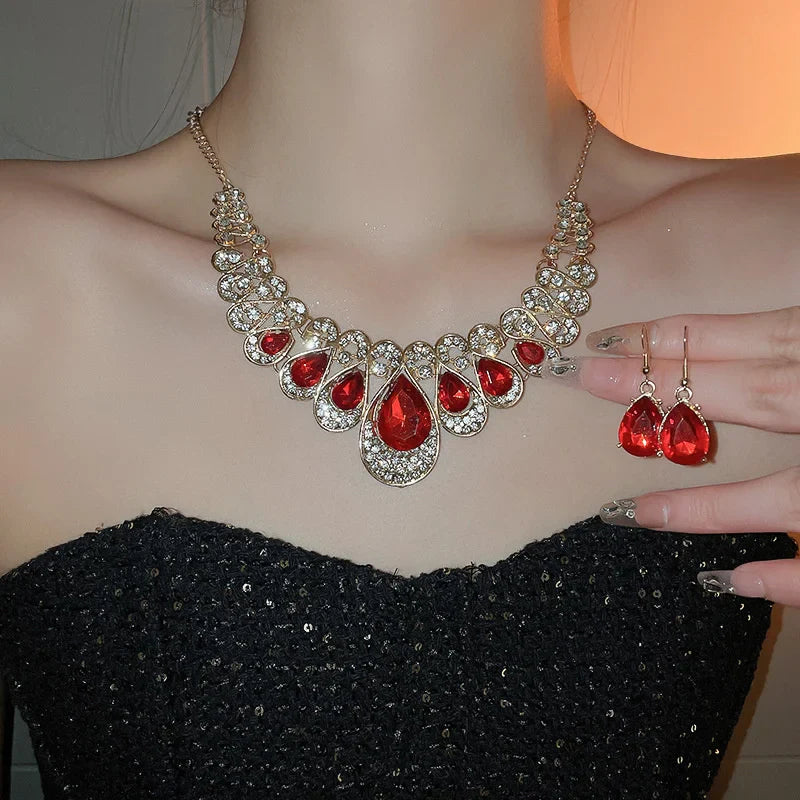 Luxury Necklace Earrings For Women Red Water Drop Crystal Earrings Weddings Banquet Jewelry Sets