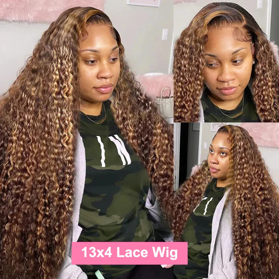 Deep Curly Wigs Human Hair Highlight 13x4 Lace Front Human Hair Wigs Colored Transparent Water Wave Lace Frontal Wig For Women