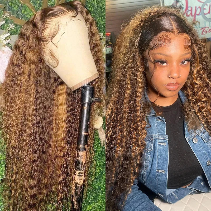 4/27 Curly Wigs 13x4 Highlight Deep Wave Wig Human Hair Ombre Honey Blonde Brown Colored Brazilian Water Wave Human Hair Wig