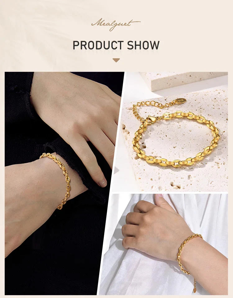 Simple Chain Bracelet for Women, 18k Gold Plated Stainless Steel Link Adjustable