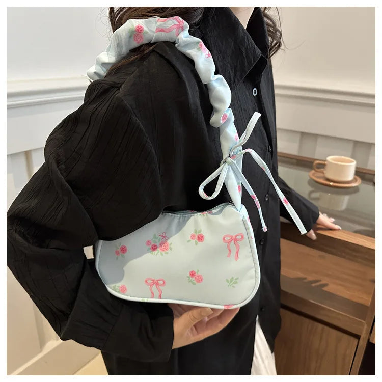Gentle and Sweet Flower Canvas Bag for Women 2025 New Drawstring Shoulder Bag High Beauty Broken Flower Bow