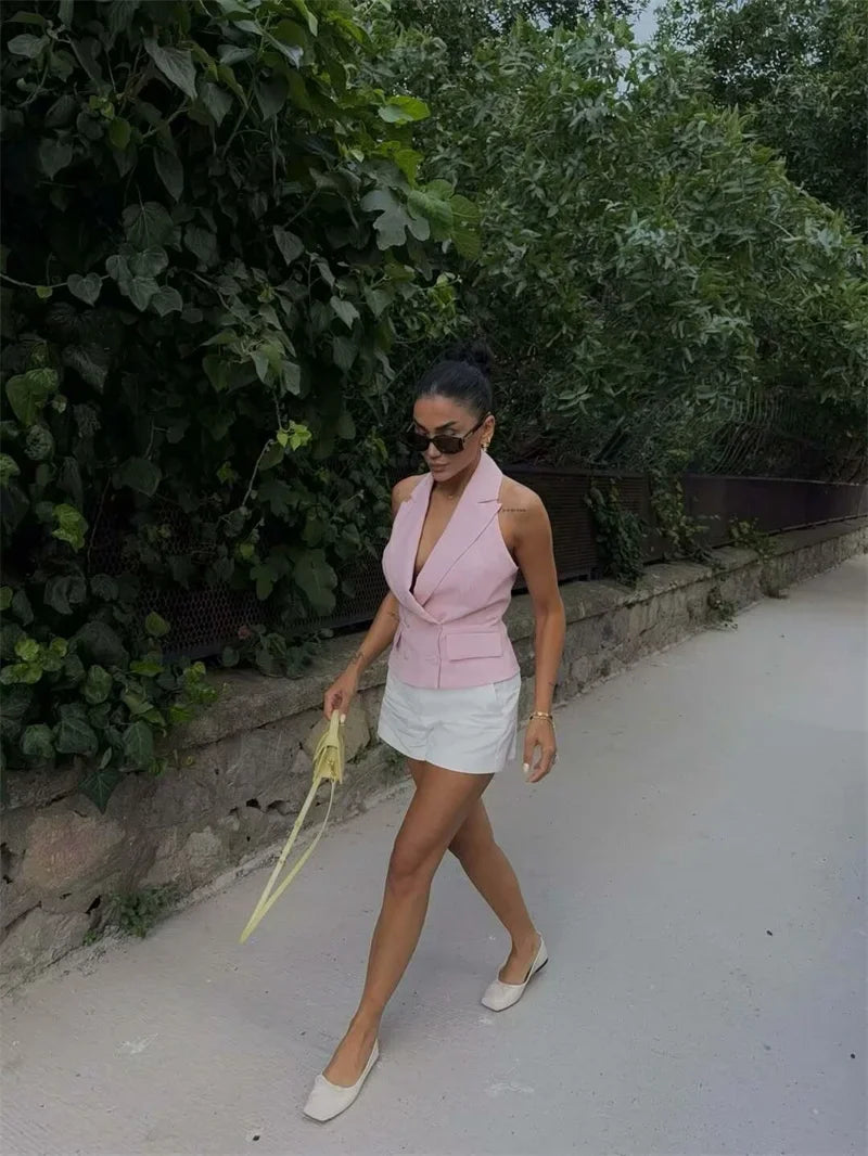 Women's Tops 2025 New Double-Breasted Halterneck Pink Vest Casual and fashionable women's vest