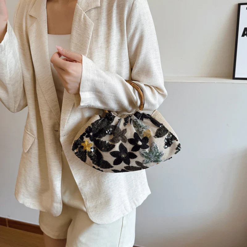 Handbags For Women Bamboo Handle Sequin Design Elegant Banquet Clutch Floral Linen Bag Women's Wrist Bags Lady Mini Purse Wallet