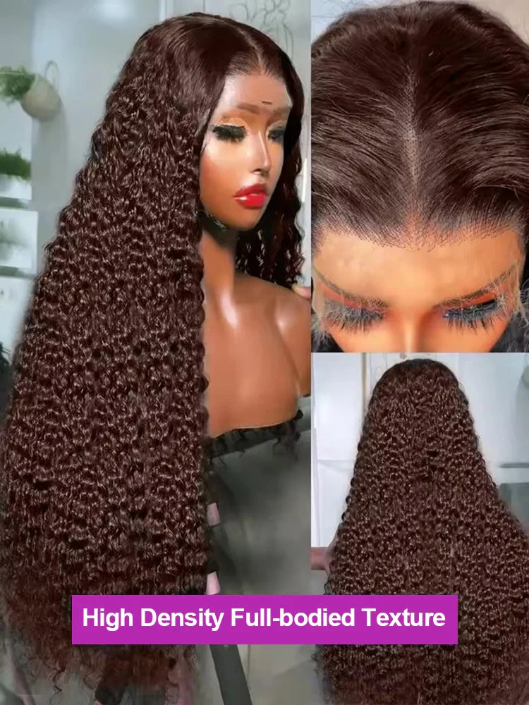 40 Inch Chocolate Brown Curly Lace Front Wig Human Hair 13x6 Deep Wave HD Lace Frontal Wig PrePlucked Glueless Wig 250% Density