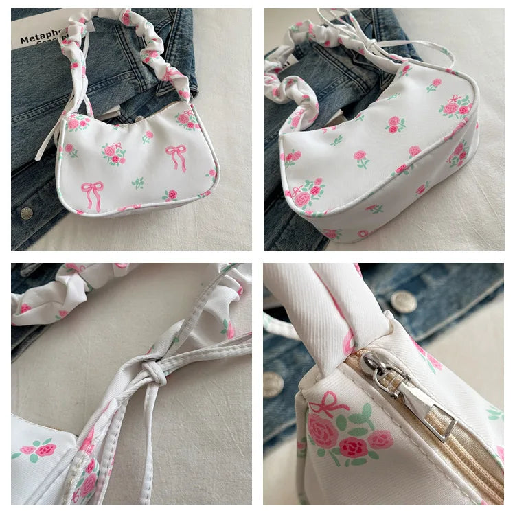 Gentle and Sweet Flower Canvas Bag for Women 2025 New Drawstring Shoulder Bag High Beauty Broken Flower Bow