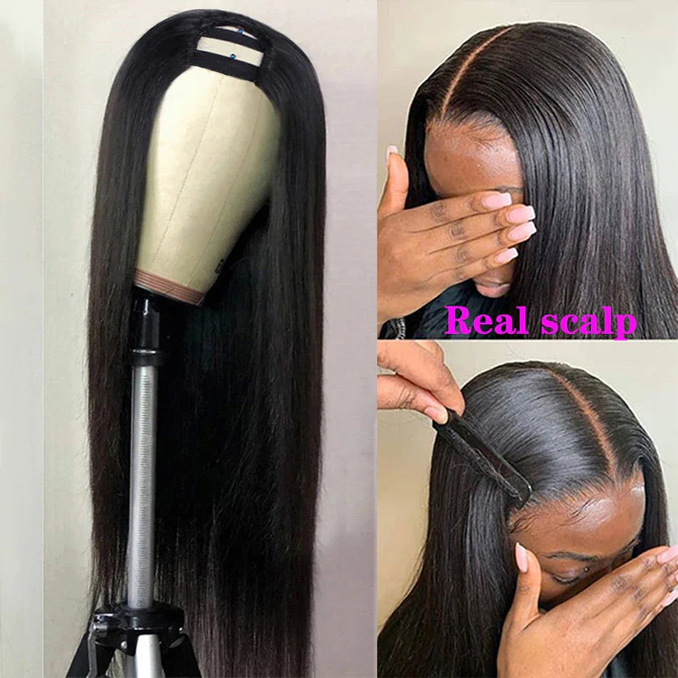 Straight U Part Wig Human Hair No Leave Out No Glue Brazilian Glueless Bone Straight Human Hair Wigs for Women 180% Density