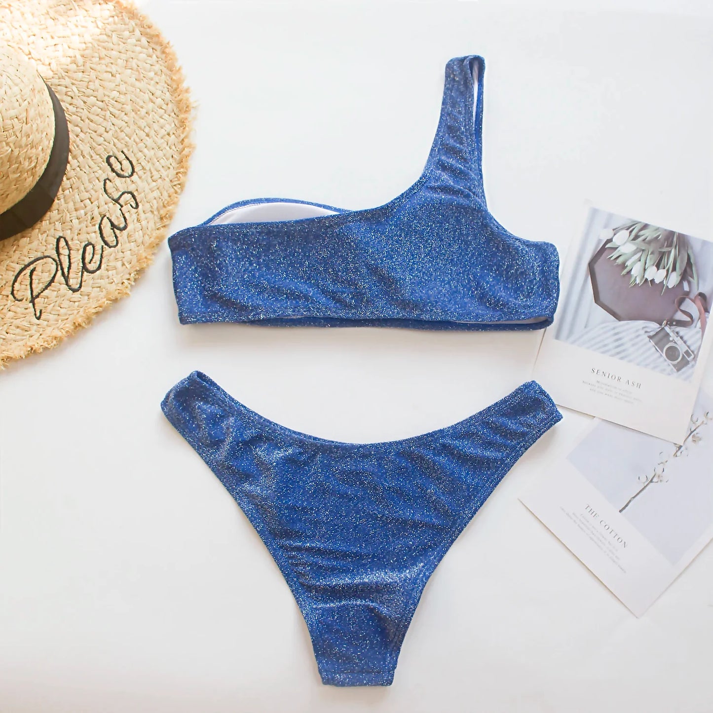 Women Sexy Bikini Set Biquini Ladies One Shoulder Blingbling Swimsuit Female Two Piece Glitter Solid Color SwimwearW2023