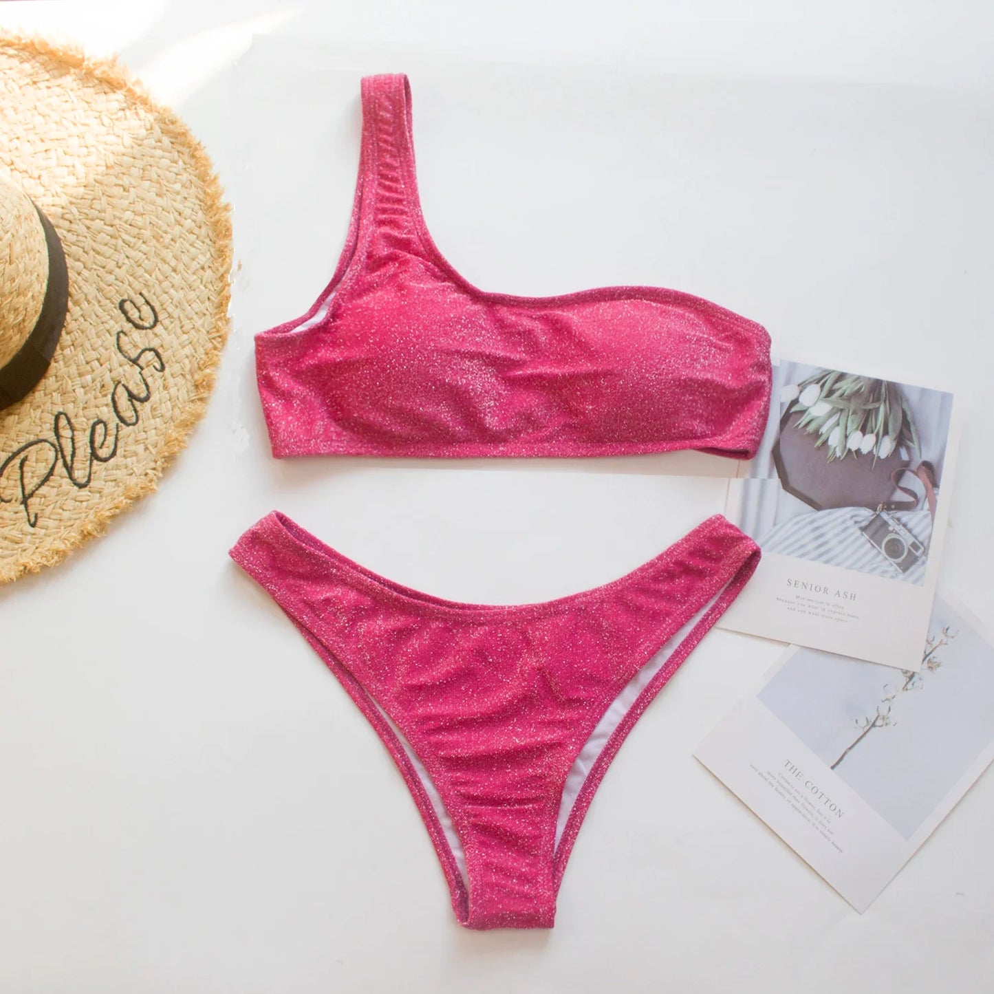 Women Sexy Bikini Set Biquini Ladies One Shoulder Blingbling Swimsuit Female Two Piece Glitter Solid Color SwimwearW2023