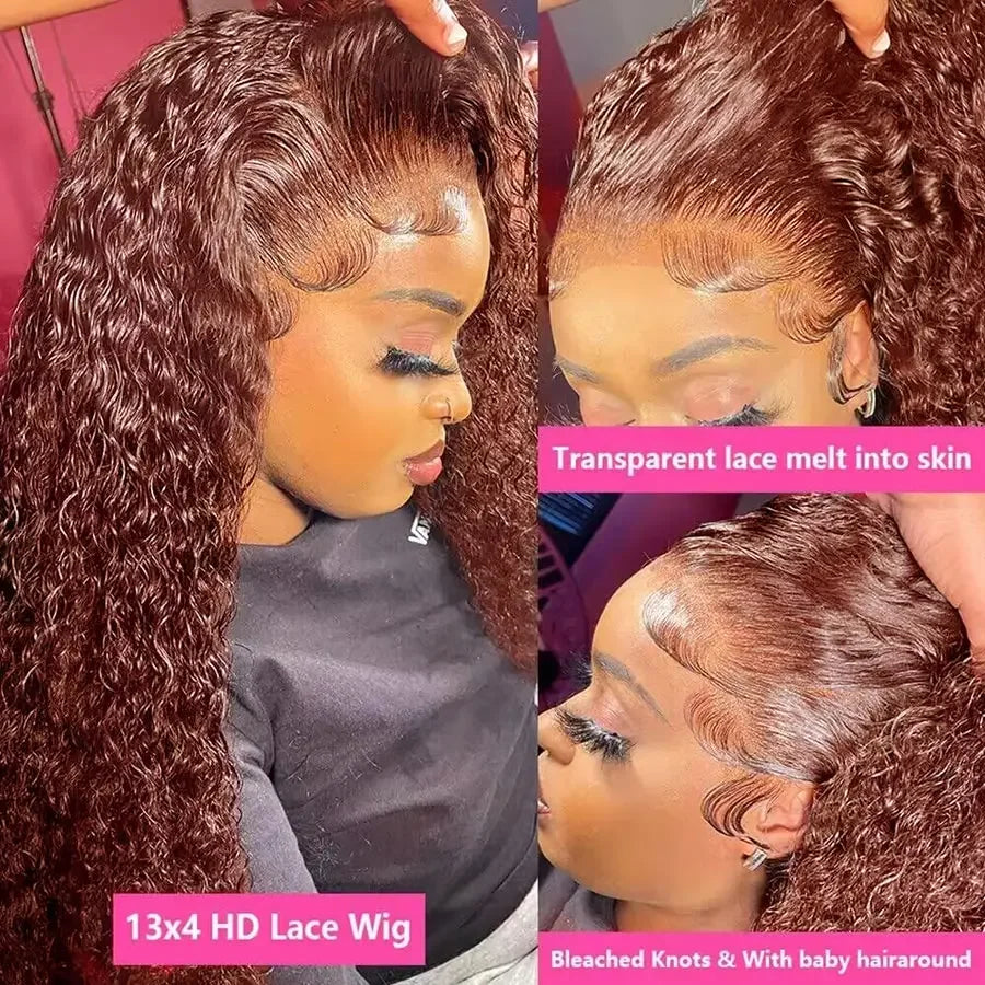 Deep Curly Wigs Human Hair Reddish Brown 13x4 13x6 Hd Lace Frontal Wig Colored Water Wave Lace Front Wig for Women 30 36 40 Inch