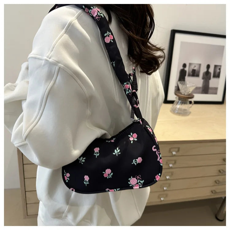 Gentle and Sweet Flower Canvas Bag for Women 2025 New Drawstring Shoulder Bag High Beauty Broken Flower Bow