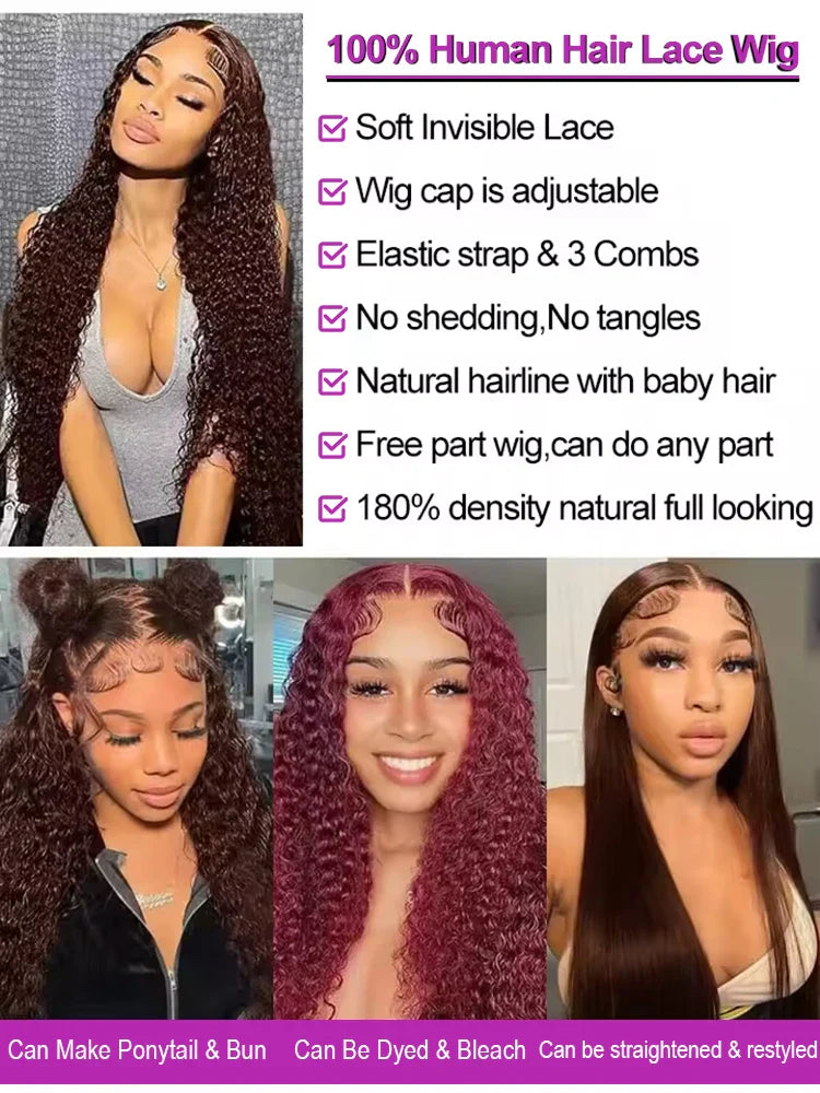 40 Inch Chocolate Brown Curly Lace Front Wig Human Hair 13x6 Deep Wave HD Lace Frontal Wig PrePlucked Glueless Wig 250% Density