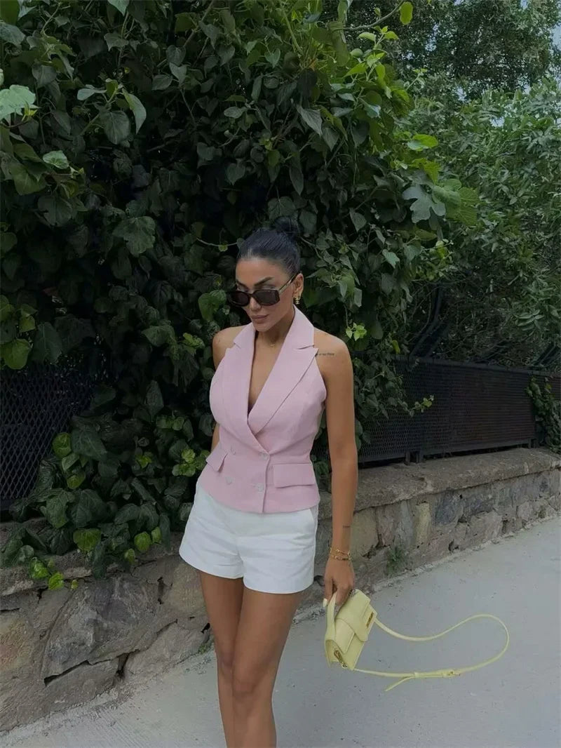 Women's Tops 2025 New Double-Breasted Halterneck Pink Vest Casual and fashionable women's vest
