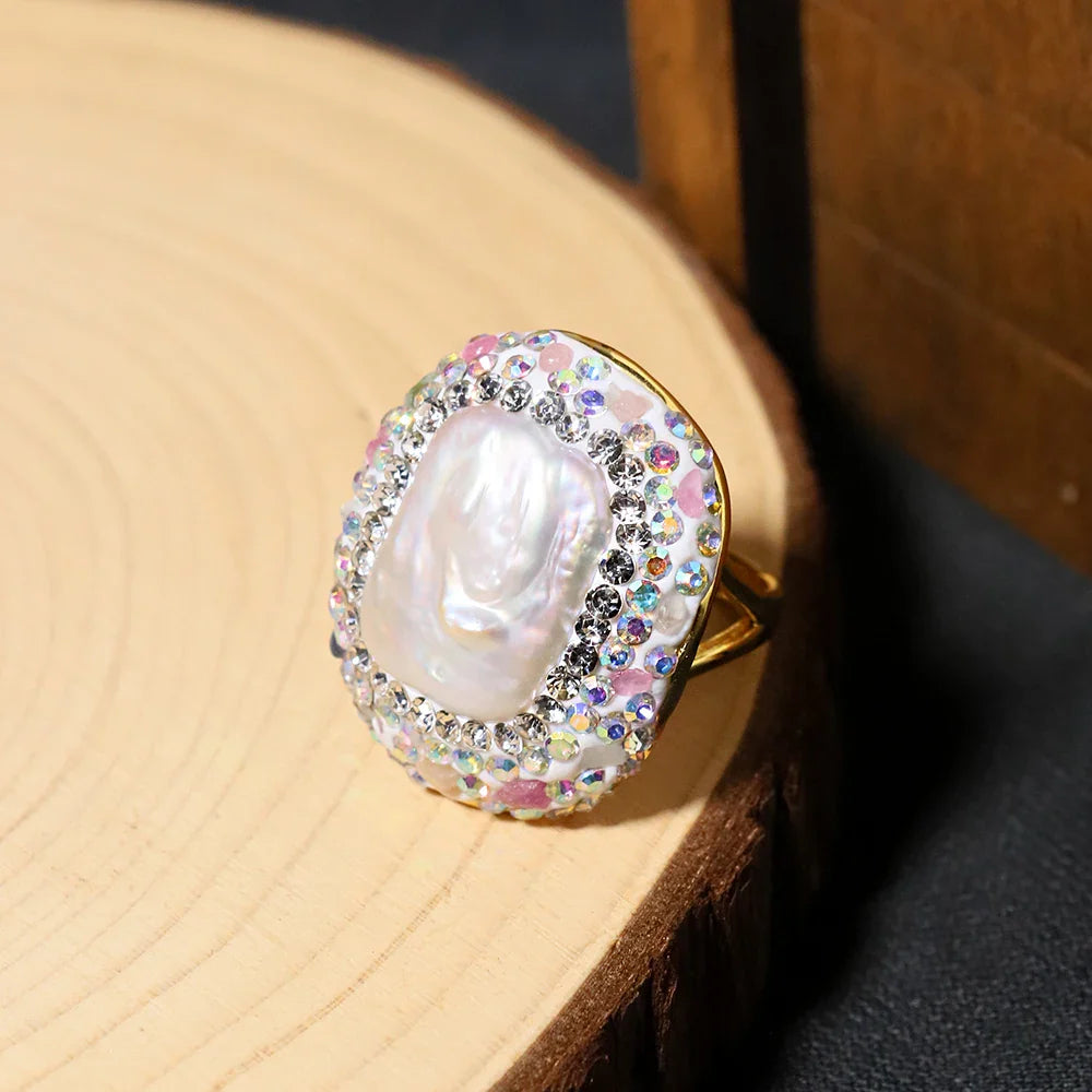 Baroque Pearl Inlaid Tourmaline Ring for Women Personalized Fashion Elegant Luxury Simple Ladies Banquet Exquisite JewelryGR0409