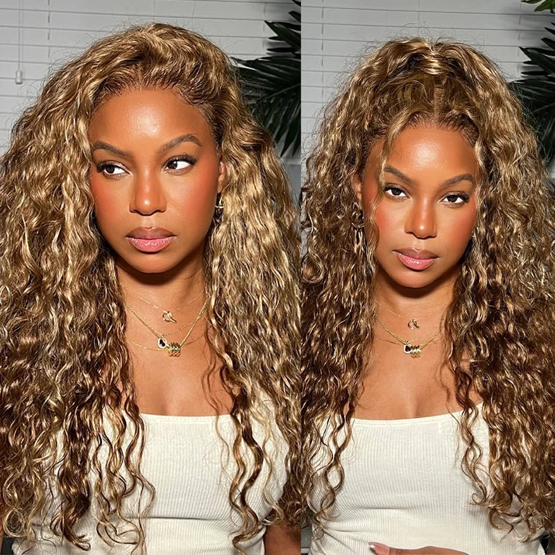 4/27 Curly Wigs 13x4 Highlight Deep Wave Wig Human Hair Ombre Honey Blonde Brown Colored Brazilian Water Wave Human Hair Wig