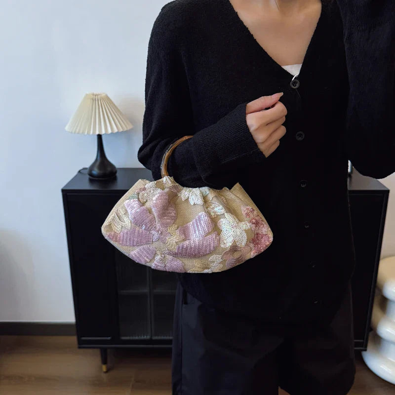 Handbags For Women Bamboo Handle Sequin Design Elegant Banquet Clutch Floral Linen Bag Women's Wrist Bags Lady Mini Purse Wallet