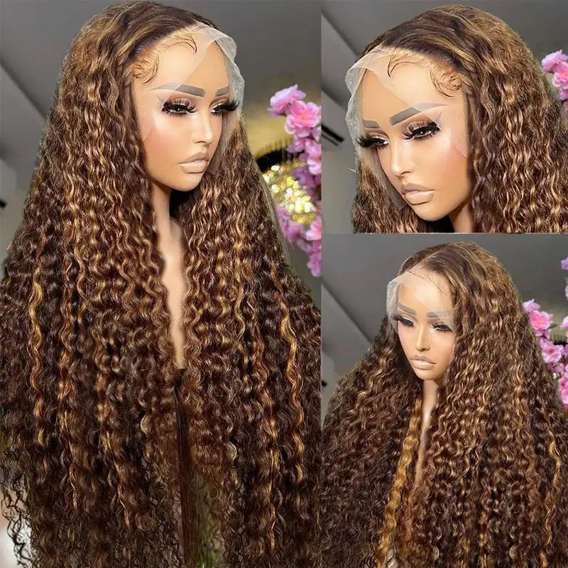 4/27 Curly Wigs 13x4 Highlight Deep Wave Wig Human Hair Ombre Honey Blonde Brown Colored Brazilian Water Wave Human Hair Wig